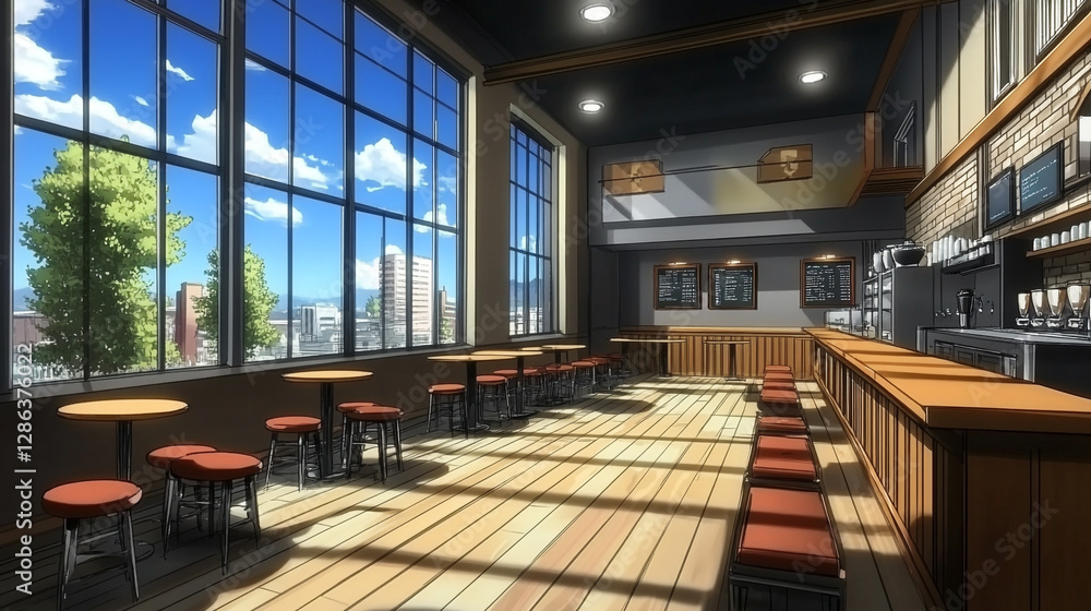 Bright and Spacious Modern Café Interior with Large Windows Overlooking Cityscape, Wooden Floors, and Stylish Seating Arrangements for Relaxing Days Bright and Spacious Modern Café Interior with Large Windows Overlooking Cityscape, Wooden Floors, and Stylish Seating Arrangements for Relaxing Days