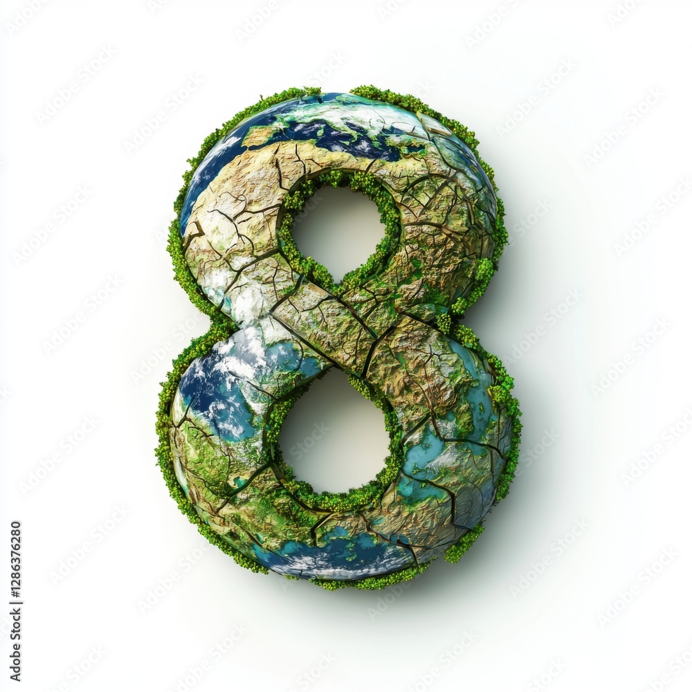 Number 8 made of realistic Earth texture with visible continents, oceans, and atmospheric glow isolated on a clean white background Number 8 made of realistic Earth texture with visible continents, oceans, and atmospheric glow isolated on a clean white background