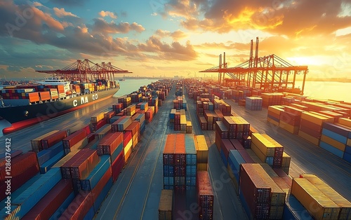 Seaport logistics with rows of shipping containers, large cargo ships docked, cranes in operation, industrial setting, ocean backdrop, ultrarealistic, highdefinition, UHD quality photo