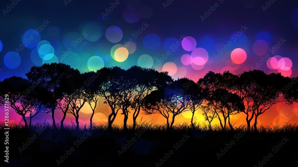 A silhouette of trees at dusk with colorful bokeh lights blending into the scene. A silhouette of trees at dusk with colorful bokeh lights blending into the scene.