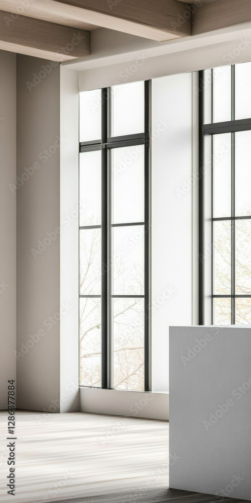 Fototapeta premium Modern interior with large windows offering natural light in a minimalistic space