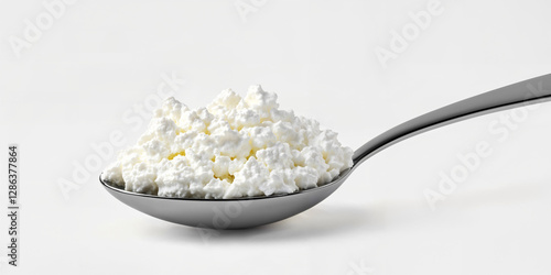 Creamy cottage cheese served in a stainless steel spoon on a light background