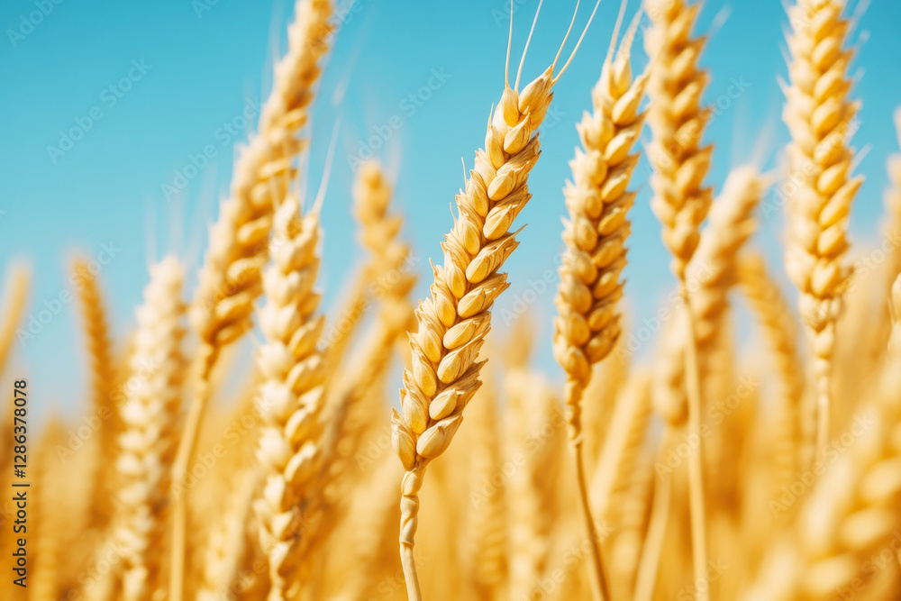 Golden wheat field with bright blue sky on a sunny day symbolizing nature and abundance Golden wheat field with bright blue sky on a sunny day symbolizing nature and abundance