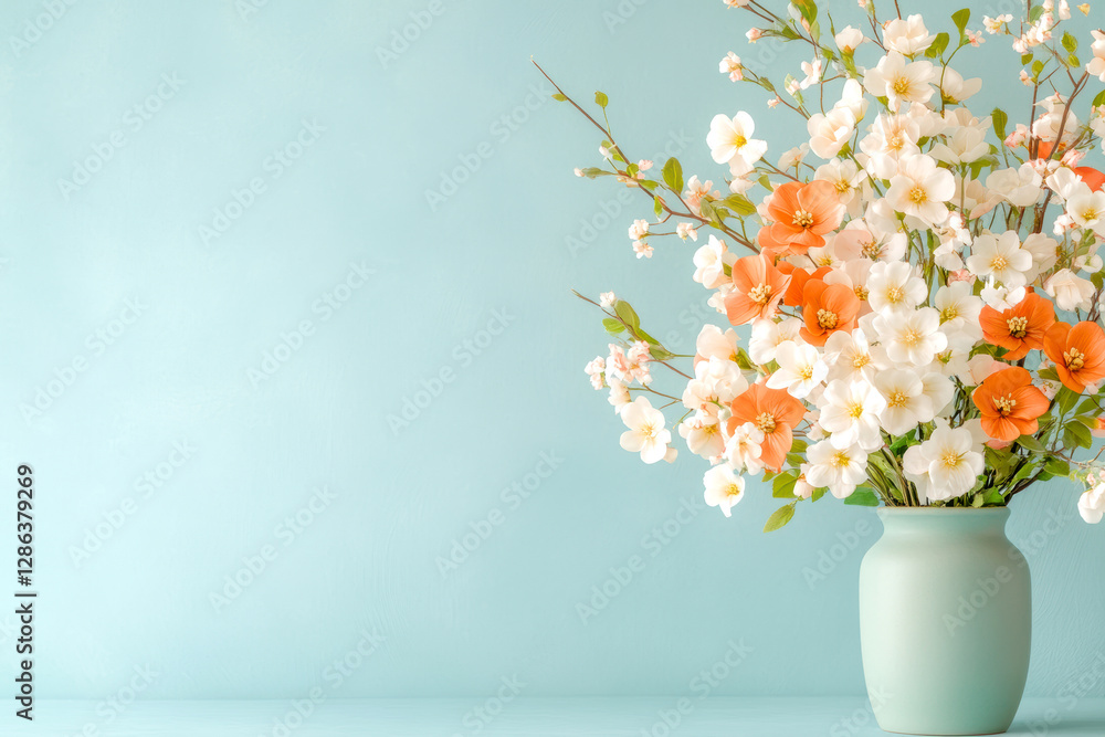 Naklejka premium Elegant floral arrangement with white and orange blossoms in pastel blue vase minimalistic decor style