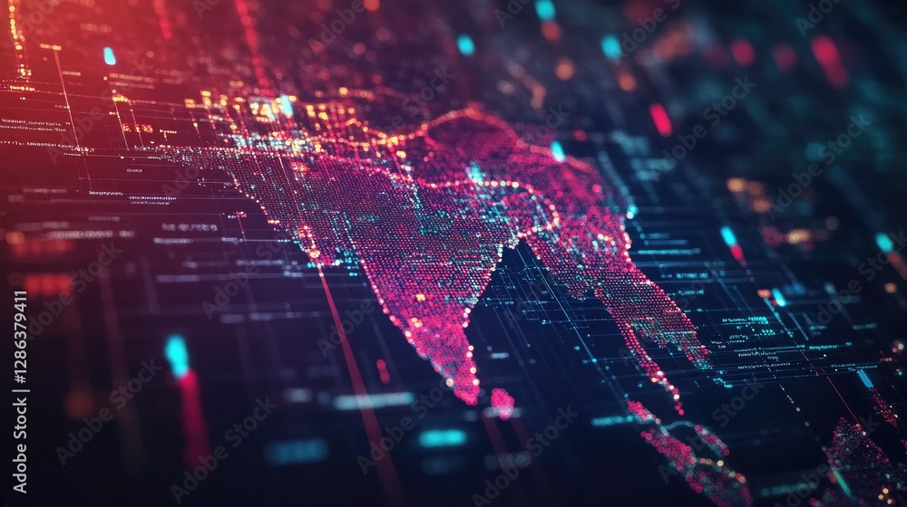 Obraz premium Digital World Map Visualization with Neon Colors and Data Patterns