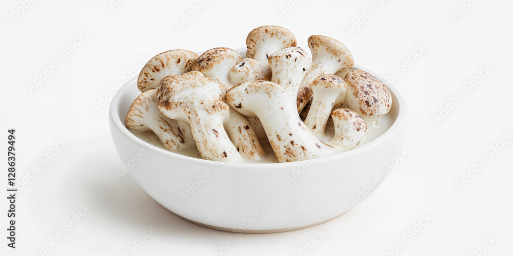 Fresh organic mushrooms in a white bowl ready for cooking or garnish in a kitchen setting Fresh organic mushrooms in a white bowl ready for cooking or garnish in a kitchen setting