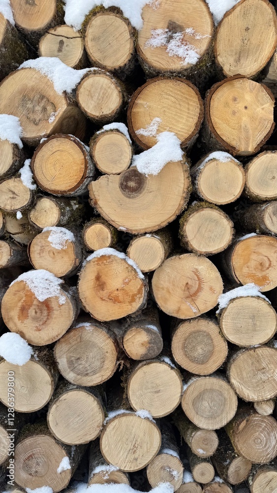 Fototapeta premium Stack of Wooden Logs Covered with Snow in a Natural Outdoor Setting. Snow-dusted cut wooden logs arranged in a neat pile, showcasing natural textures ideal for countryside, firewood or rustic-inspire