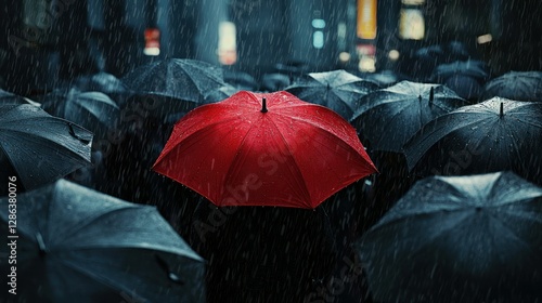 A bold, red umbrella among a crowd of people with black umbrellas on a rainy day.