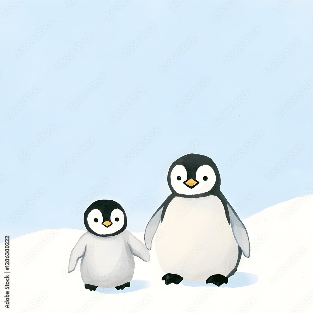 Obraz premium Two playful penguins standing together in a snowy landscape, showcasing their adorable characteristics and behavior