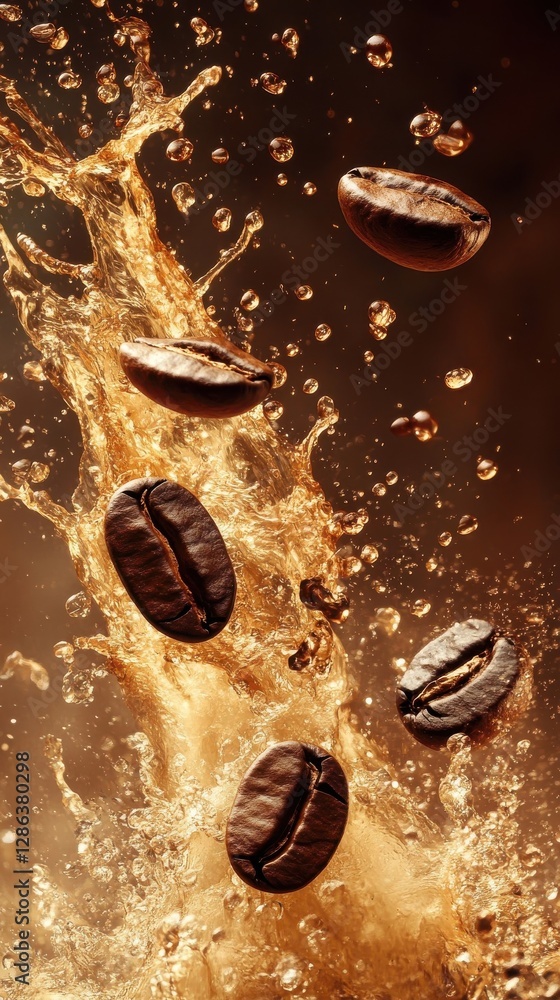 Coffee Beans Bursting Out Of The Water In A Vertical Splash Coffee Beans Bursting Out Of The Water In A Vertical Splash