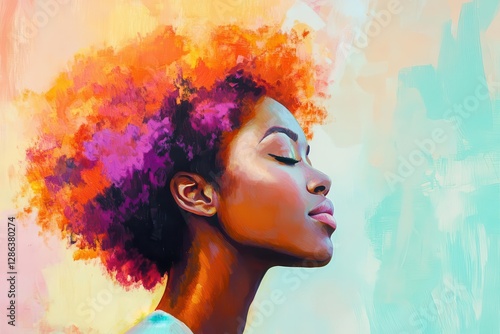 contemporary beauty portrait of black woman with vibrant peachtoned afro hair soft lighting against complementary pastel background photo