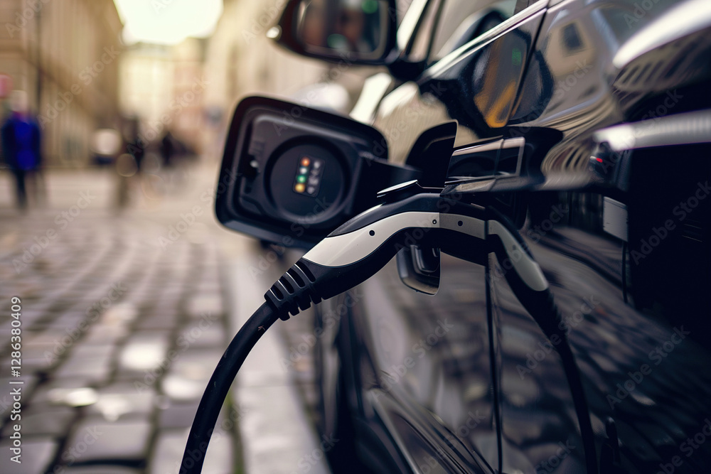 Power source for charging battery of beautiful hybrid electric car on road, abstract vivid composition consists of fictional unreal fantastic vision on background Power source for charging battery of beautiful hybrid electric car on road, abstract vivid composition consists of fictional unreal fantastic vision on background
