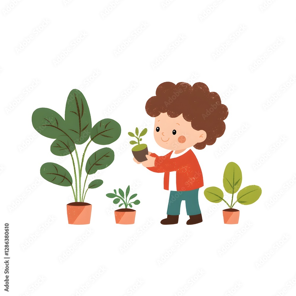 A responsible boy watering a small plant in a garden with care and love while enjoying the outdoors in nature