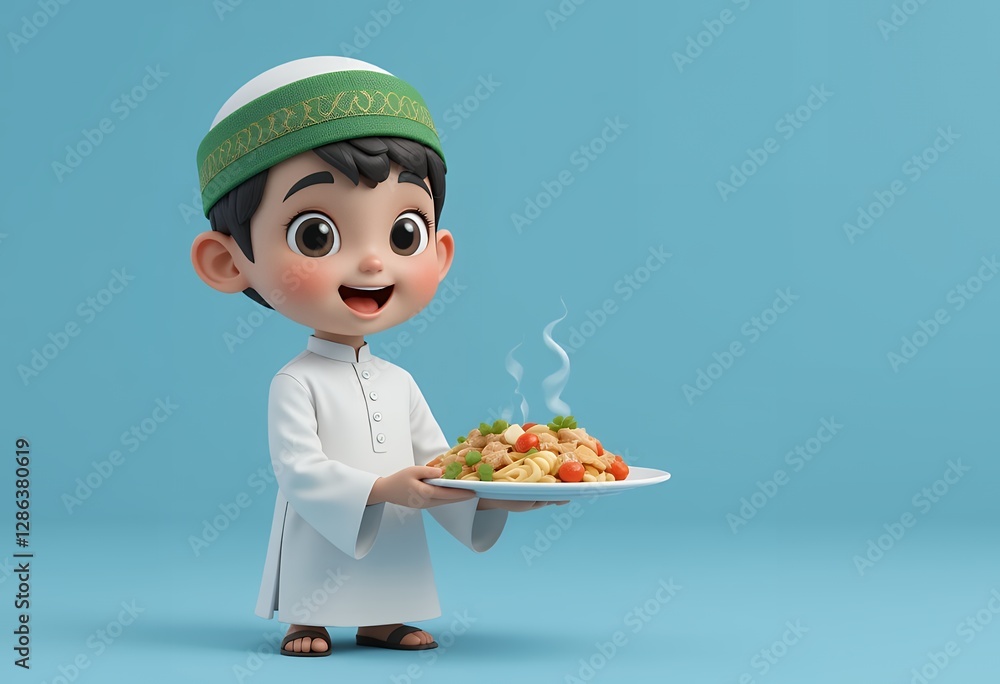 Character in green cap holding plate of assorted foods, Ramadan. Created with AI Character in green cap holding plate of assorted foods, Ramadan. Created with AI
