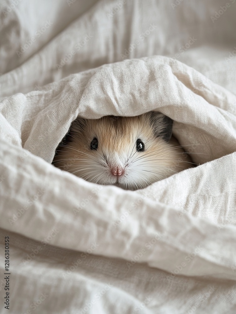 Cozy Hamster: A charming hamster peeks out from under a soft blanket, creating an adorable and heartwarming scene of comfort and tranquility. Cozy Hamster: A charming hamster peeks out from under a soft blanket, creating an adorable and heartwarming scene of comfort and tranquility.