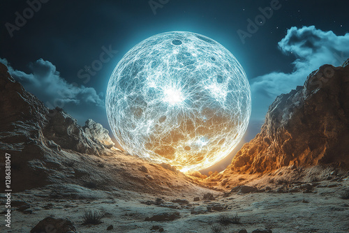 Planet composed of pure light radiates energy in a detailed cosmic landscape at night