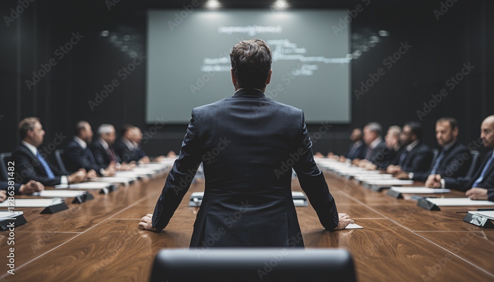 Business Meeting with Focused Leader in Conference Room Surrounded by Engaged Professionals and Modern Technology Business Meeting with Focused Leader in Conference Room Surrounded by Engaged Professionals and Modern Technology