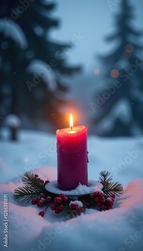 Burning Advent candle in snow-covered landscape, snow, calm, stillness