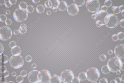 Isolated soap bubbles in the form of a photo frame. Glass bubble effect. Vector.
