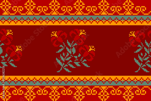 Seamless geometric pattern . pixel pattern. Design for clothing fabric textile ornamentation embroidery Hand stitched pattern . cultural stitching pixel art , Cross stitch pattern