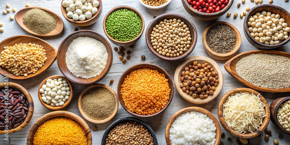 A top-down view of wooden bowls filled with various grains and legumes, such as rice, quinoa, and lentils, arranged around a central white space. The neutral background enhances the natural textures a A top-down view of wooden bowls filled with various grains and legumes, such as rice, quinoa, and lentils, arranged around a central white space. The neutral background enhances the natural textures a