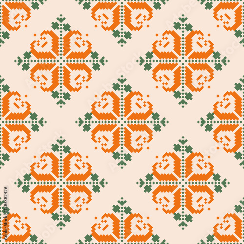 Traditional cross stitch needlework Geometric ethnic pattern . pixel horizontal Seamless vector Native ethnic pattern cross stitch border fabric clothing textile knitwear print texture