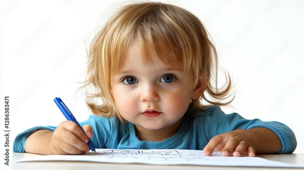 Little boy in teal shirt shows surprise while writing with blue pen on white paper Little boy in teal shirt shows surprise while writing with blue pen on white paper