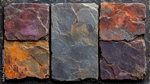 Macro view of rough porphyry tiles showcasing vibrant volcanic textures and colors