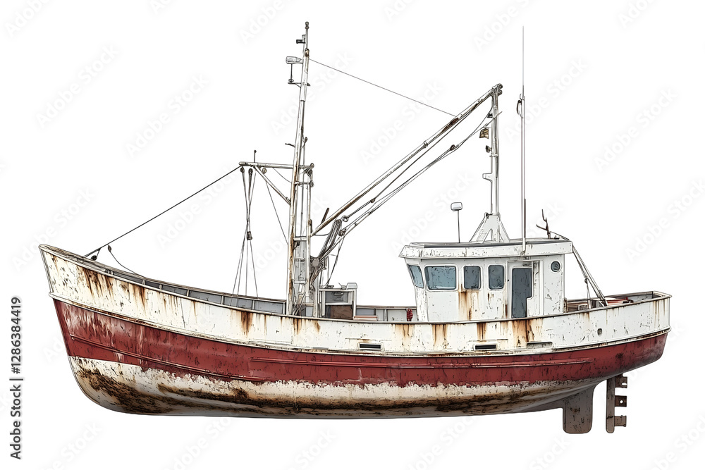 Naklejka premium Detailed illustration of a fishing boat in white and red color scheme
