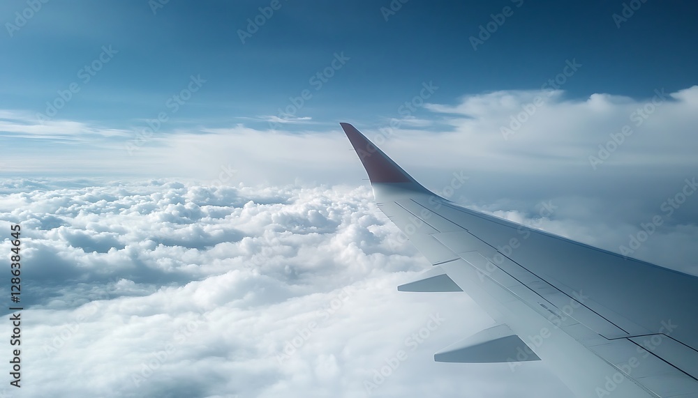 Fototapeta premium A arieal view of white clouds in the sky from the window of an airplane over the wing ,