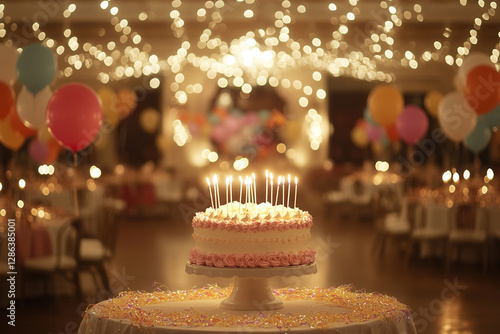 Celebration event with cake festive venue photo warm atmosphere close-up view birthday theme