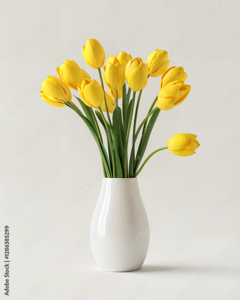 Bright yellow tulips in a simple white vase create a cheerful centerpiece for any occasion