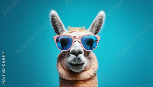 Llama wearing sunglasses in shades on pastel background for a surreal editorial advertisement, llama, sunglasses