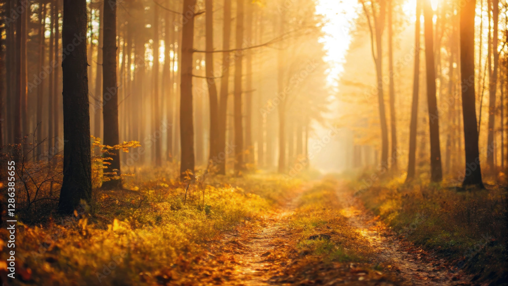 Obraz premium serene sunlit forest path surrounded by tall trees, with warm golden light filtering through leaves, creating dreamy atmosphere