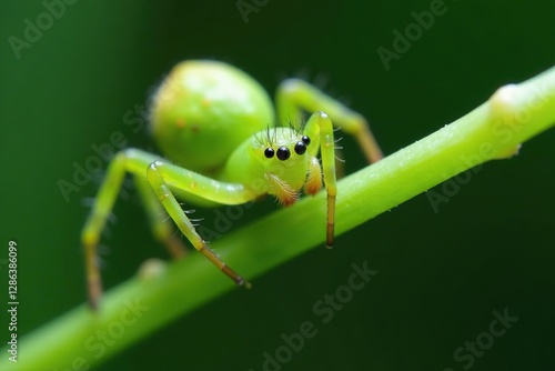 Closeup of a green spider's spinneret on a stem, green spider spinneret stem insect closeup spidernet, spiders on stems