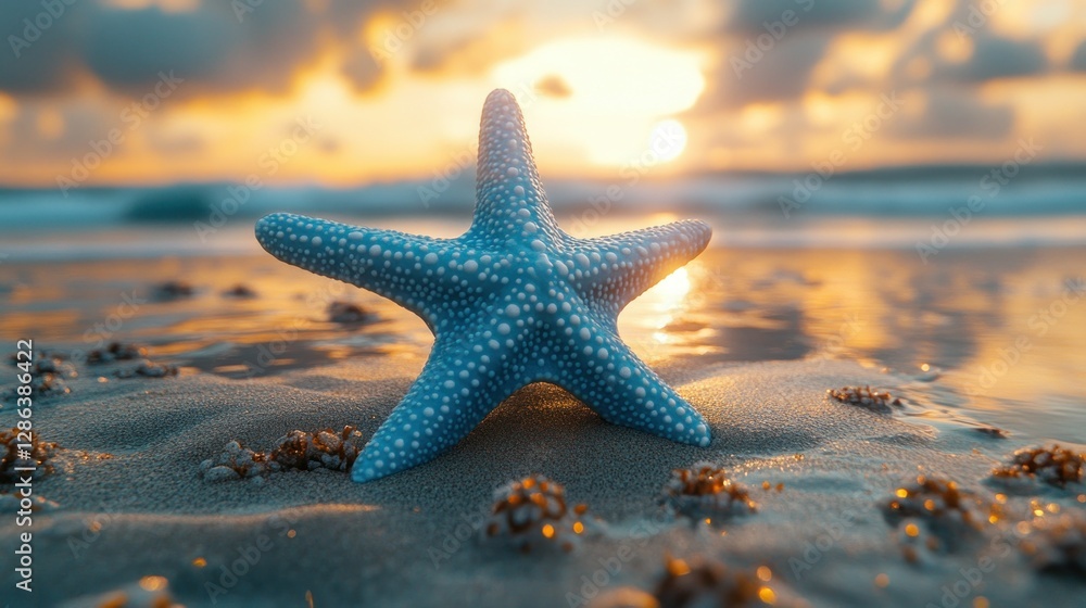 Sunrise beach starfish on golden sand, ocean waves in background. Possible use greeting card, website background Sunrise beach starfish on golden sand, ocean waves in background. Possible use greeting card, website background