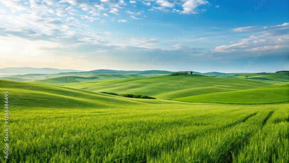 Fototapeta premium vast green meadow under soft blue sky, showcasing gentle rolling hills and vibrant grass. serene landscape evokes sense of peace and tranquility