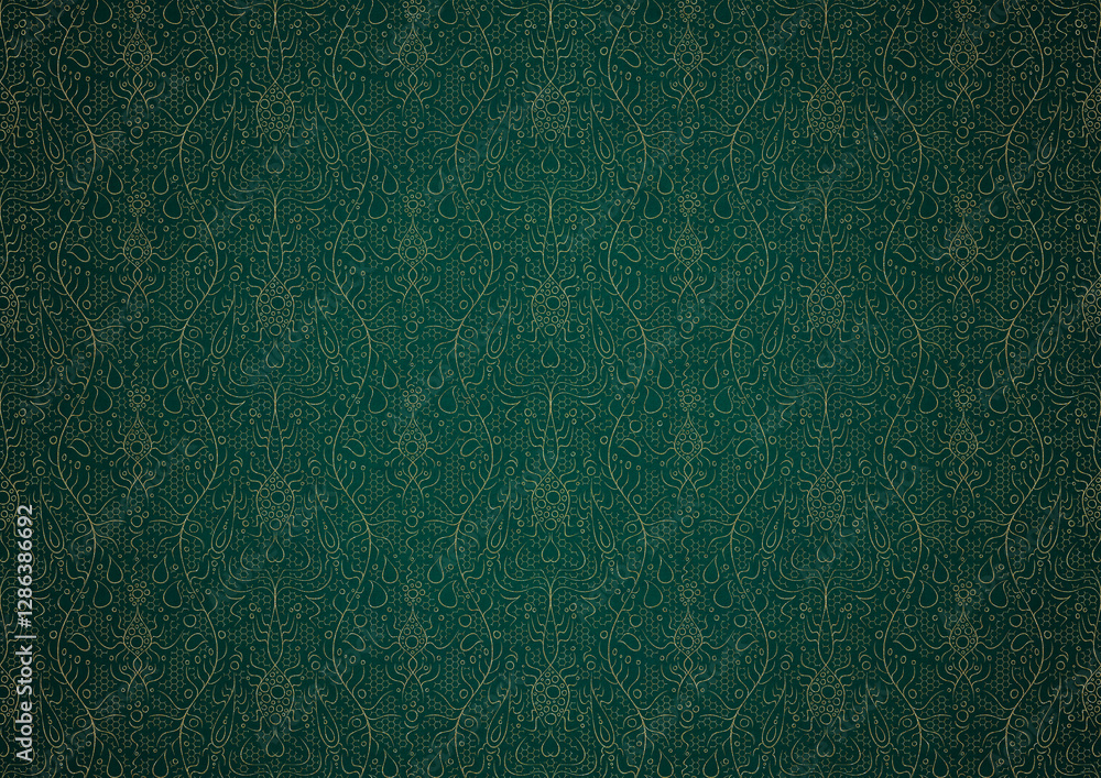 Fototapeta premium Hand-drawn unique abstract gold ornament on a dark green cold background, with vignette of darker background color. Paper texture. Digital artwork, A4. (pattern: p13-2c)