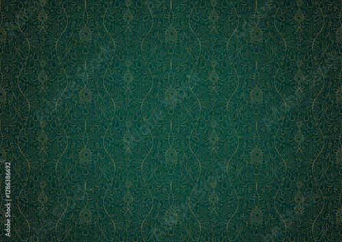 Hand-drawn unique abstract gold ornament on a dark green cold background, with vignette of darker background color. Paper texture. Digital artwork, A4. (pattern: p13-2c)