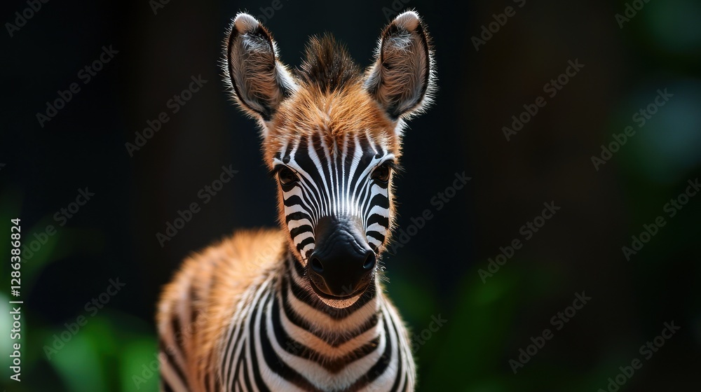 Fototapeta premium A young zebra stands in a lush green environment, showcasing its striking black and white stripes
