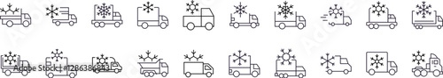 Collection of Delivery Truck with Snow Related Line Icons. Outline Signs for Graphic and Web Design, Apps, Adverts, Various Cards