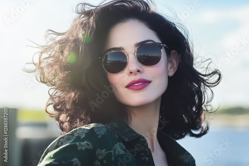Wallpaper Mural Woman with curly hair wearing sunglasses by the water during a sunny day Torontodigital.ca