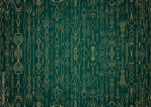 Hand-drawn unique abstract gold ornament on a dark green cold background, with vignette of darker background color. Paper texture. Digital artwork, A4. (pattern: p14a)