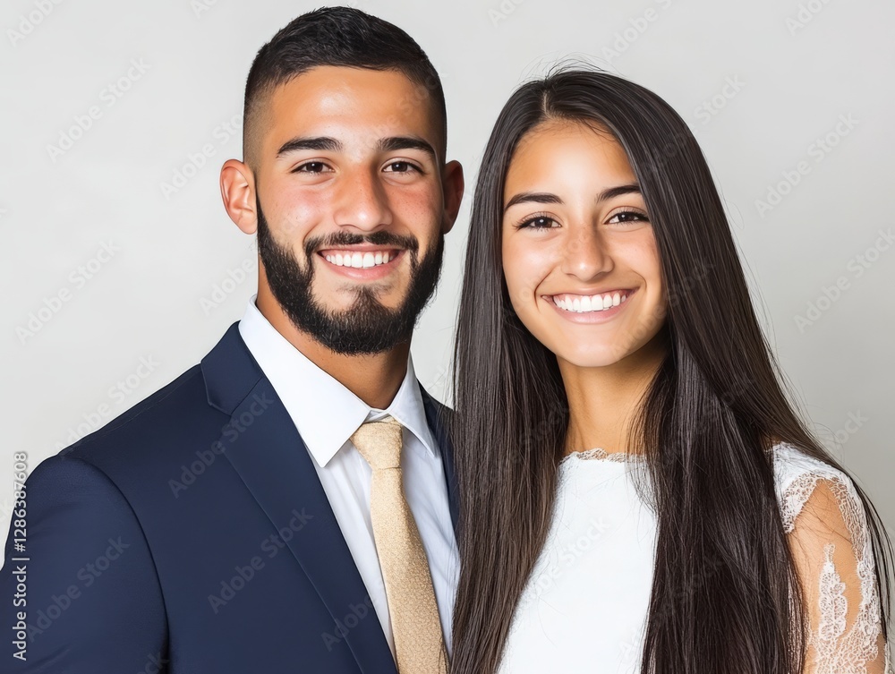 Smiling young couple in elegant formal attire standing together exuding love confidence and harmony against neutral background for stylish relationship branding photography Smiling young couple in elegant formal attire standing together exuding love confidence and harmony against neutral background for stylish relationship branding photography