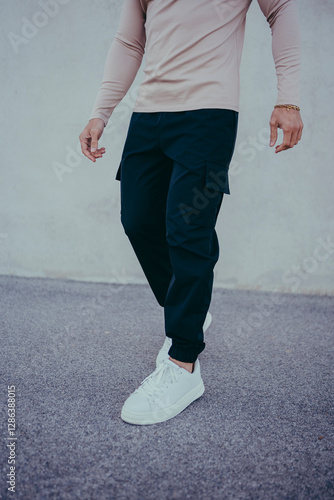 Obraz na płótnie Chico joven tatuado posando con ropa actual en la calle w salonie