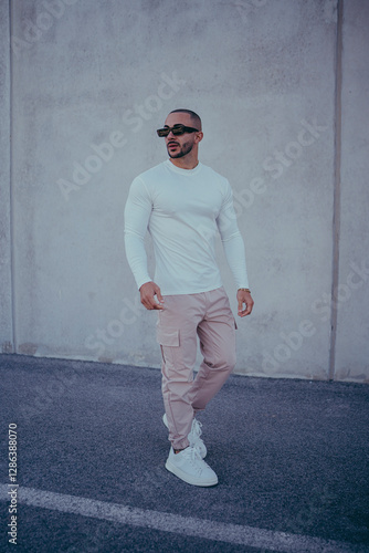 Obraz na płótnie Chico joven tatuado posando con ropa actual en la calle w salonie