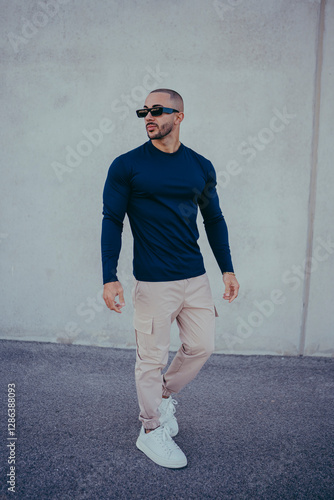 Obraz na płótnie Chico joven tatuado posando con ropa actual en la calle w salonie