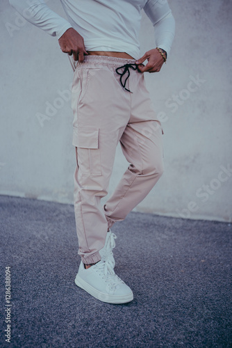 Obraz na płótnie Chico joven tatuado posando con ropa actual en la calle w salonie