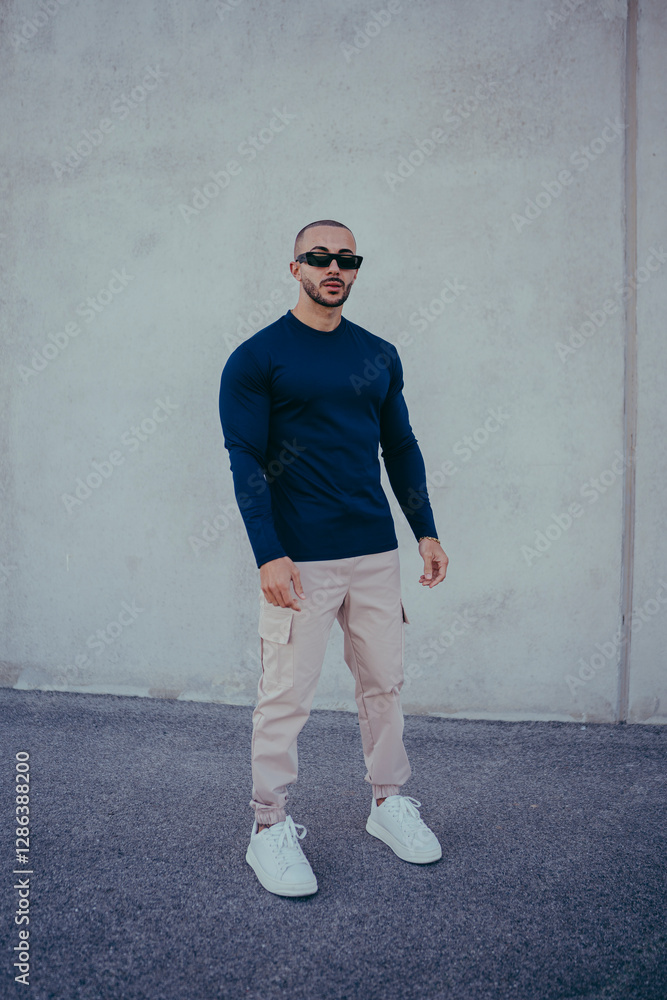 Chico joven tatuado posando con ropa actual en la calle