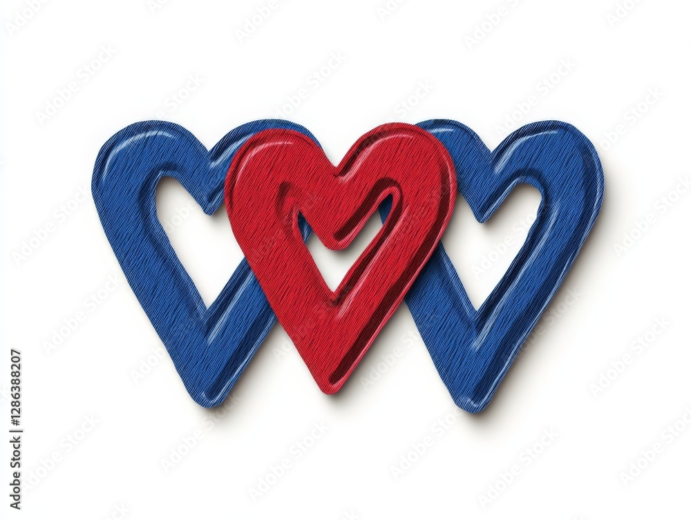Fototapeta premium 3D rendered intertwined hearts in blue and red forming a symbolic unity concept on a clean white backdrop representing love connection and deep emotional bonds in modern design